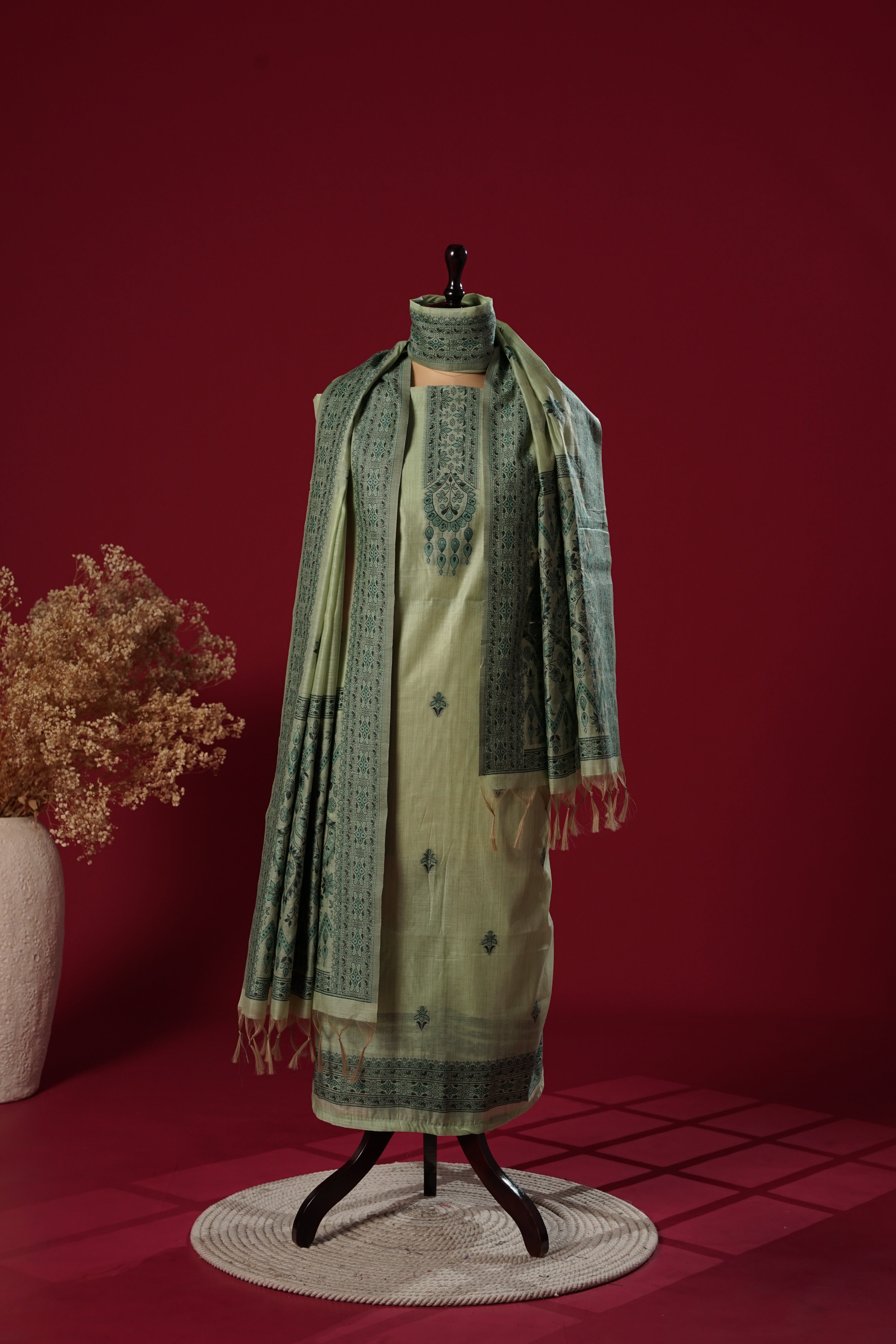 Dew Teal Muga Cotton Suit Piece