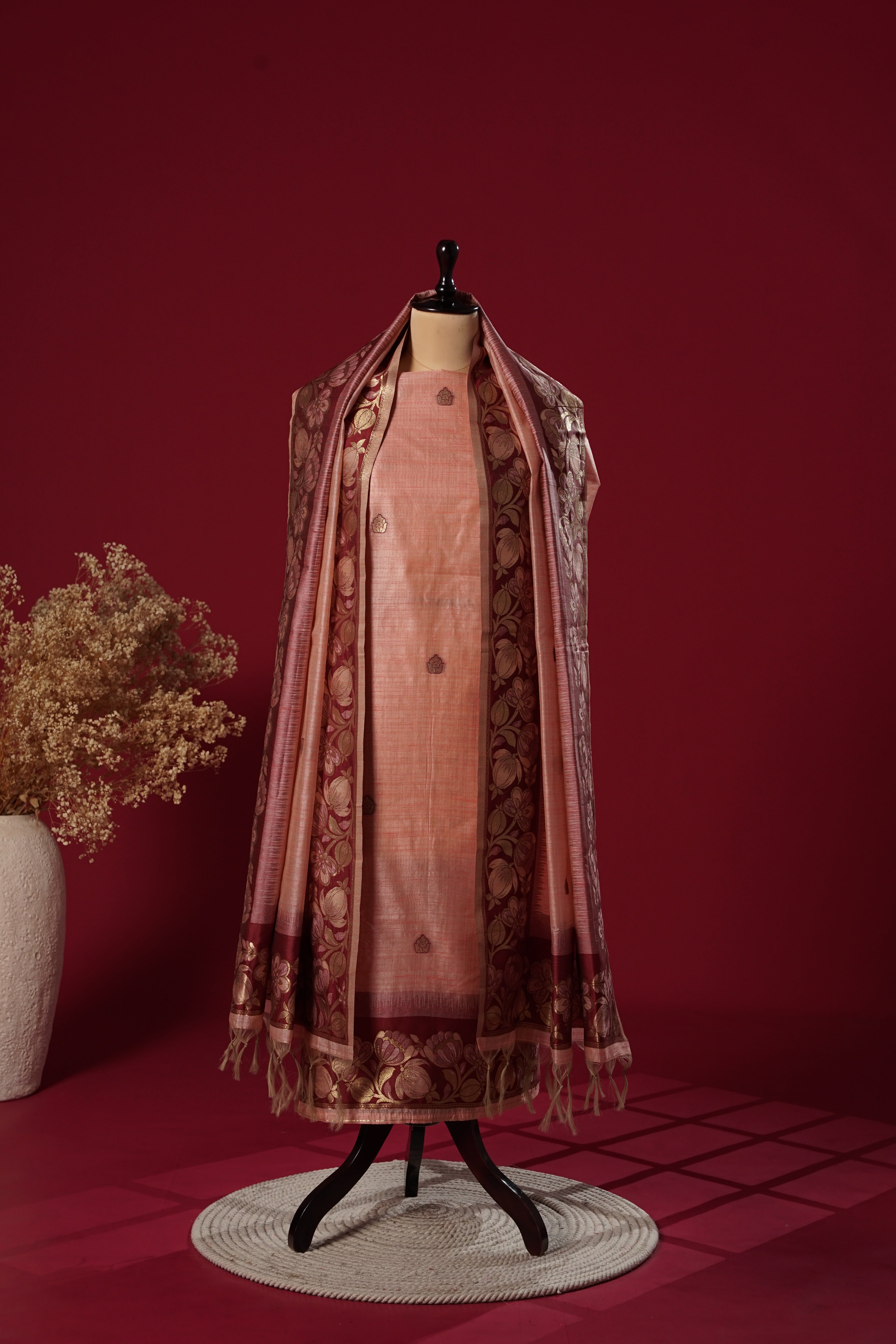 Divine Peach Tussar Silk Suit Piece