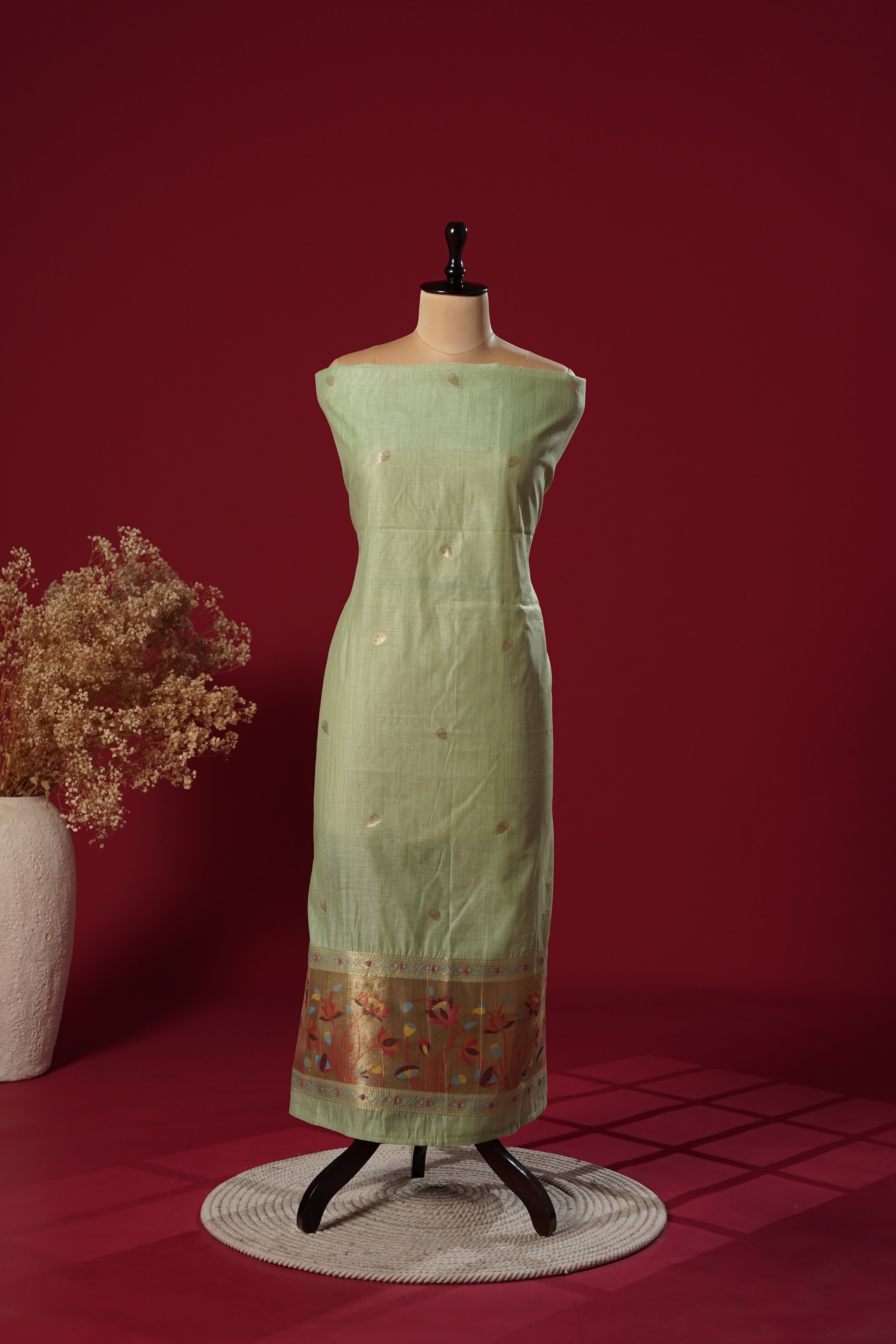 Leaf Green Muga Cotton Suit Piece