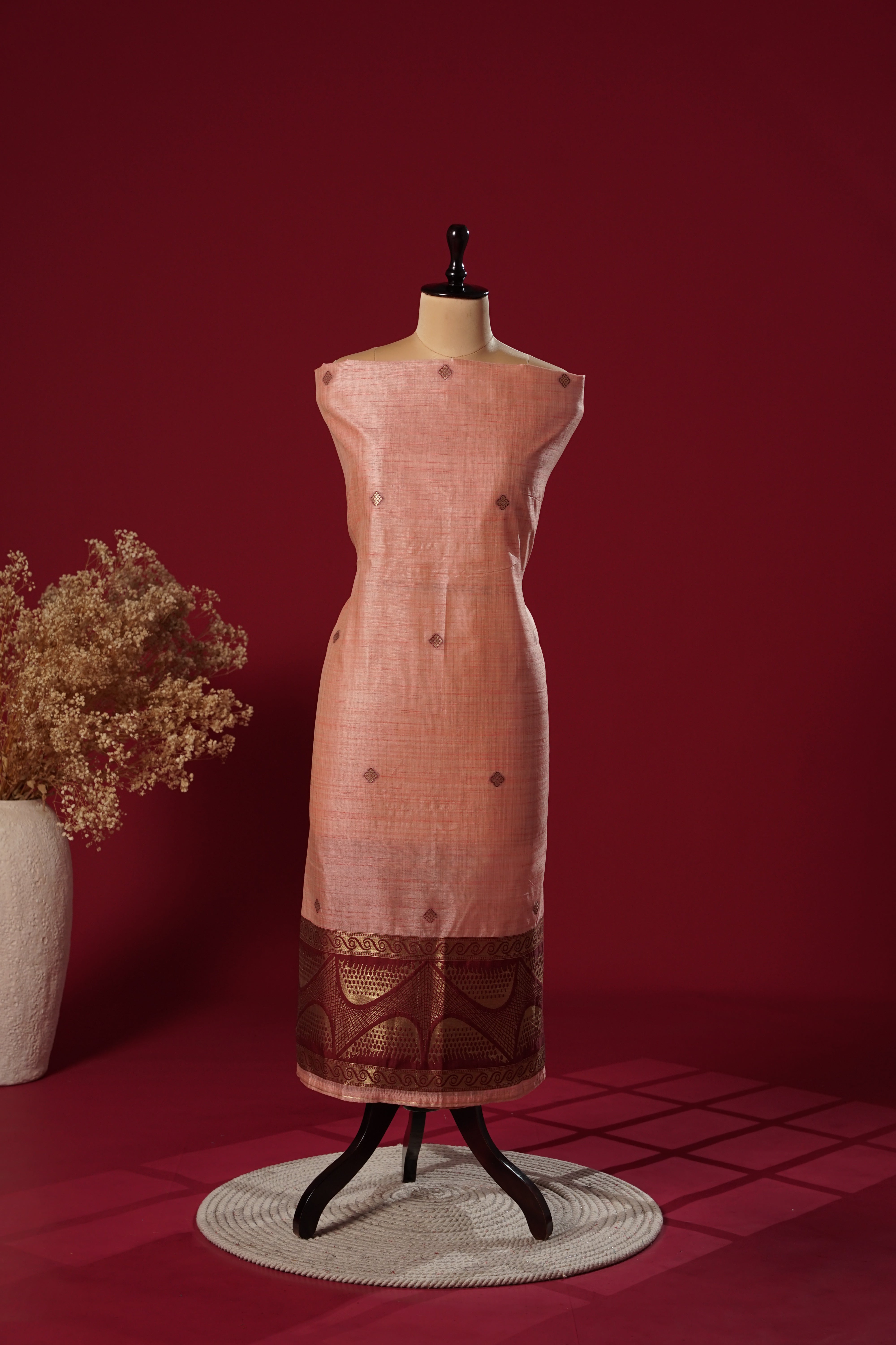 Velvet Peach Tussar Silk Suit Piece