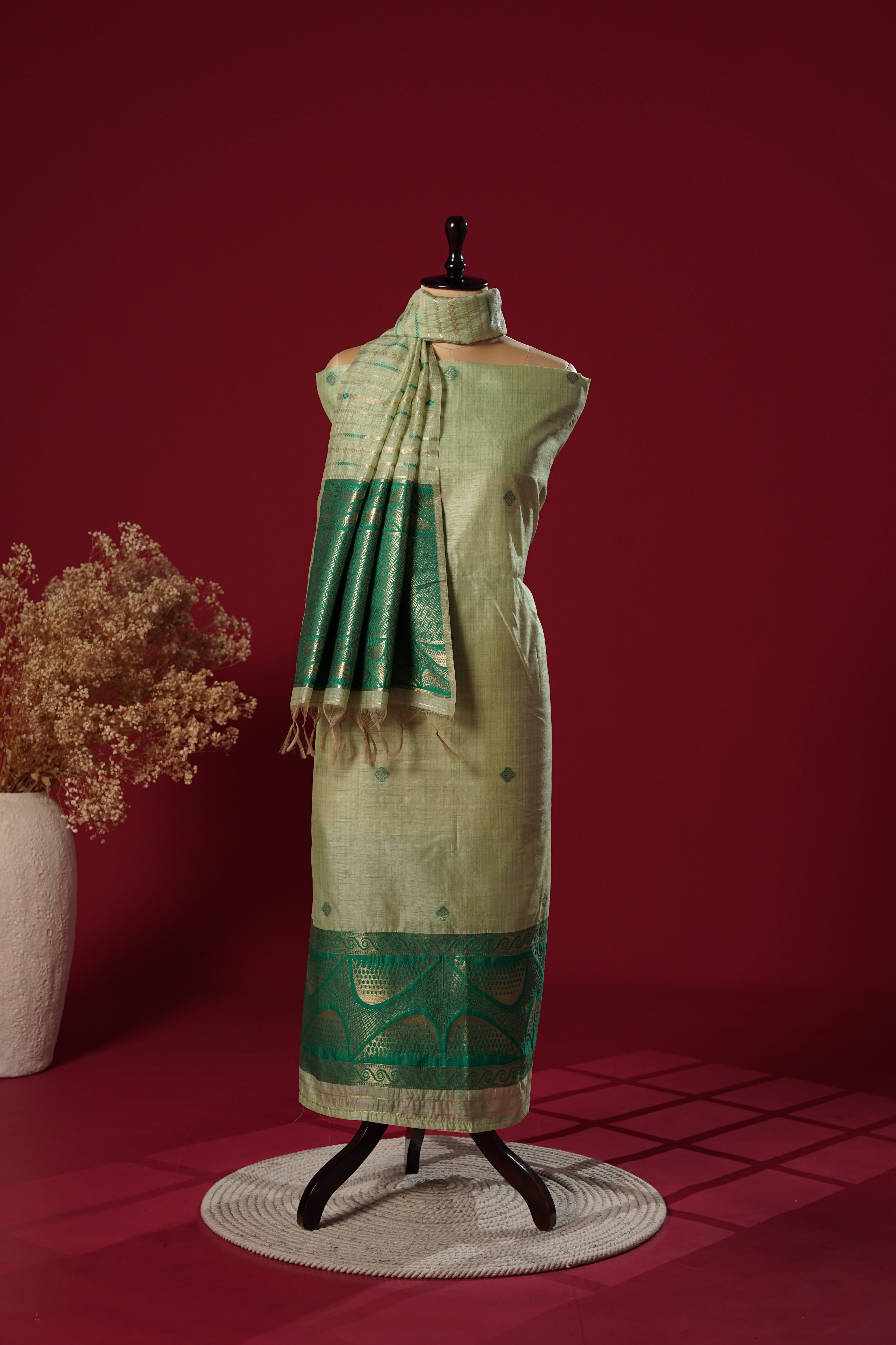 Pearl Green Tussar Silk Suit Piece