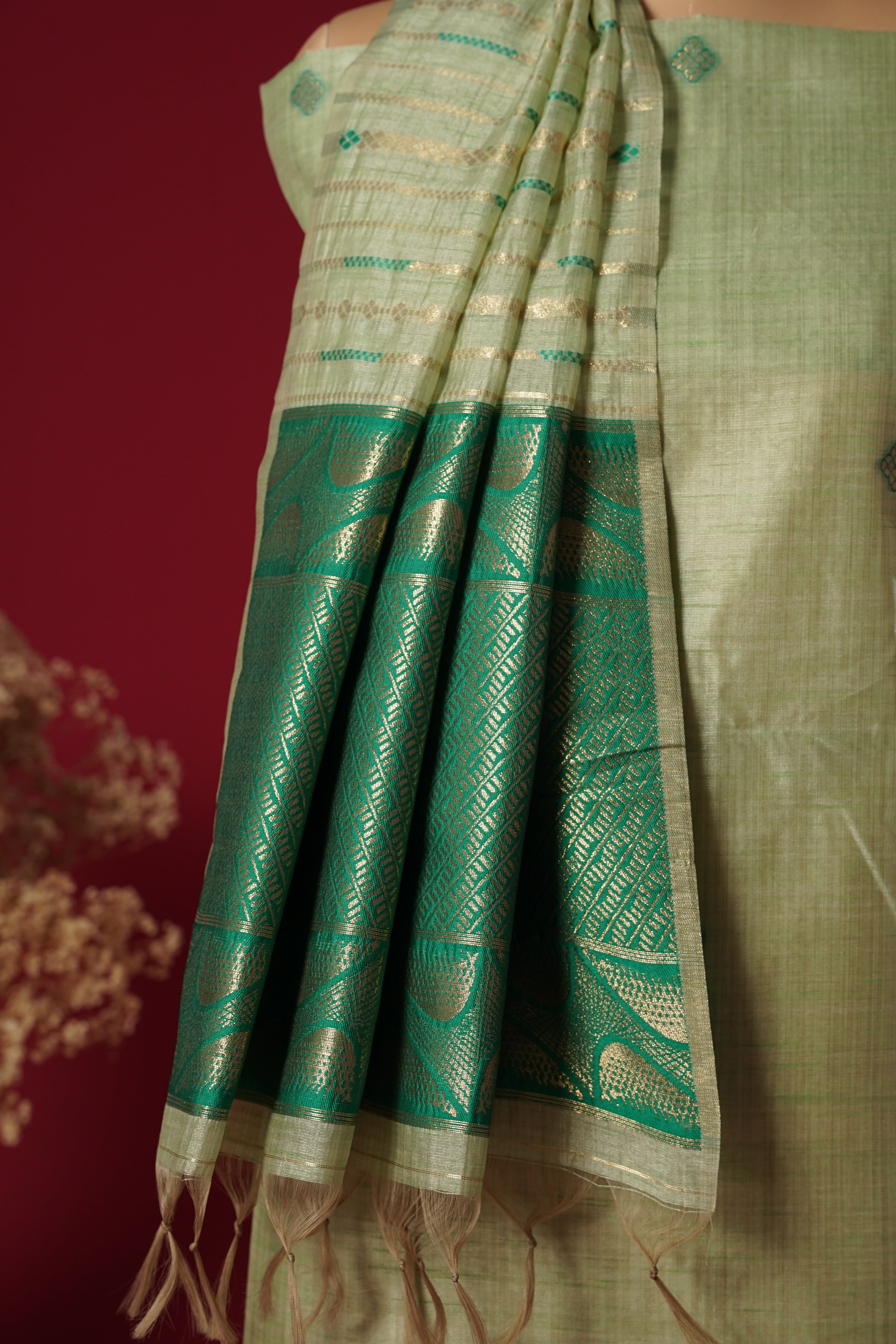 Pearl Green Tussar Silk Suit Piece