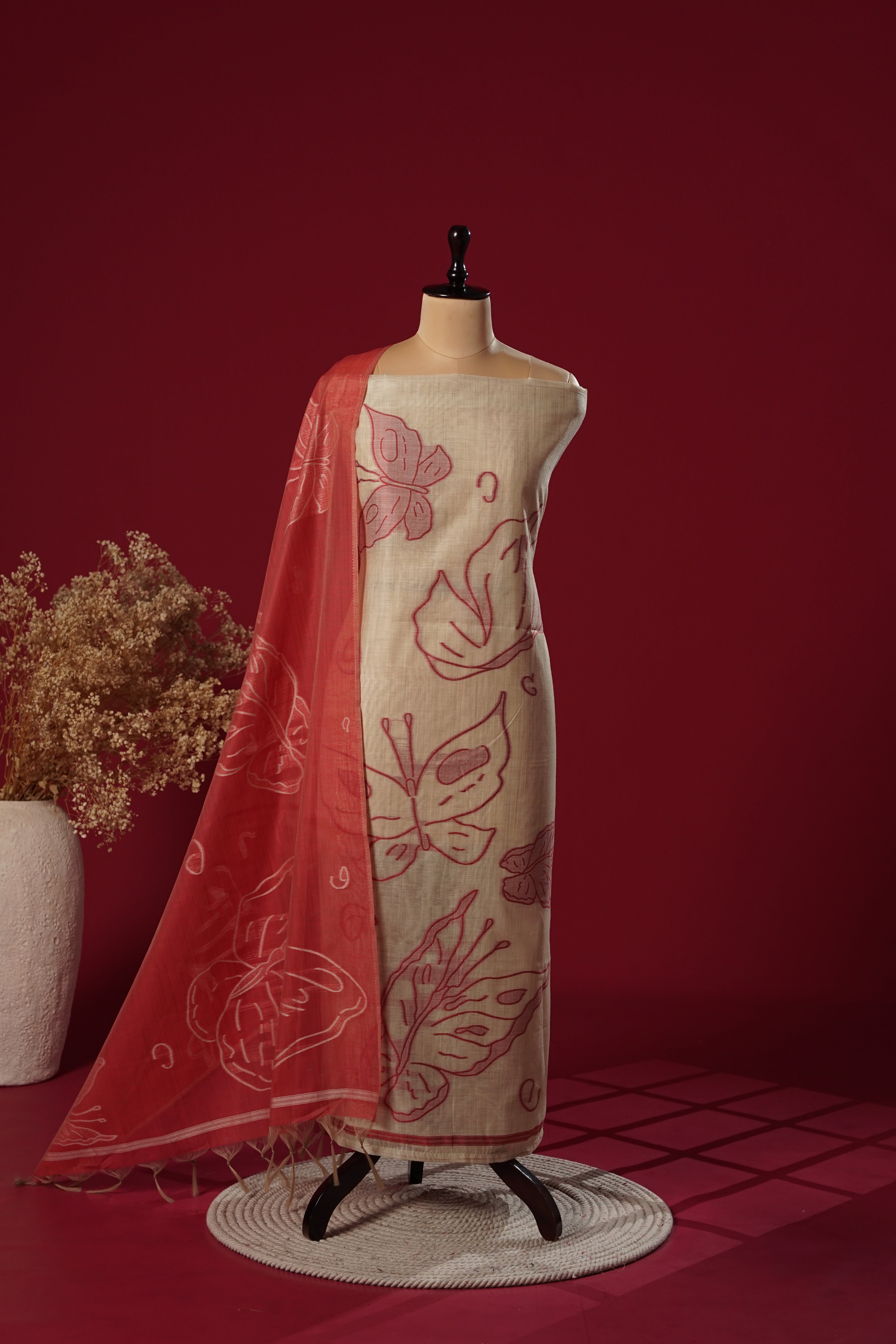 Flash Red Muga Cotton Suit Piece