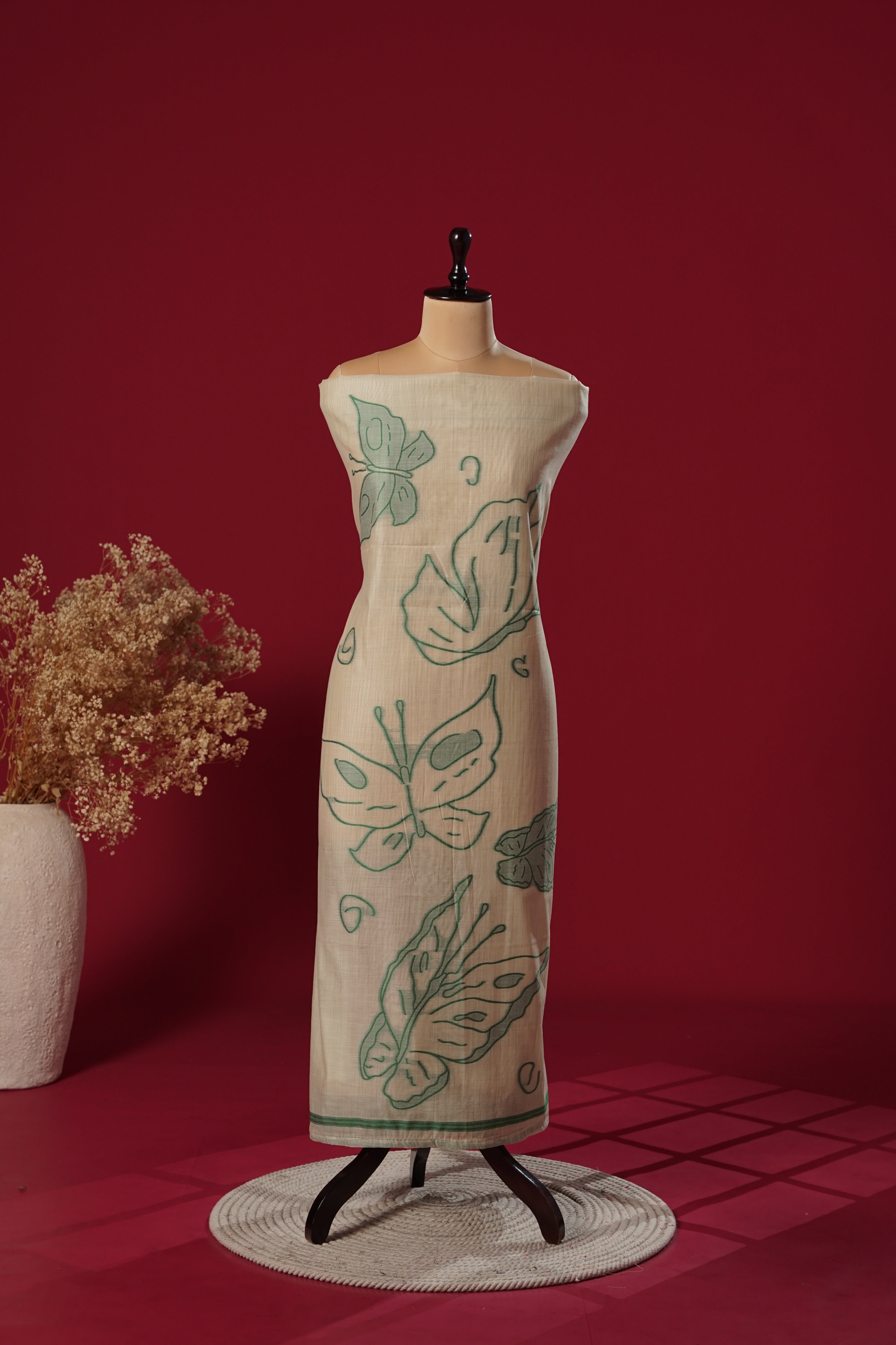 Vine Green Muga Cotton Suit Piece