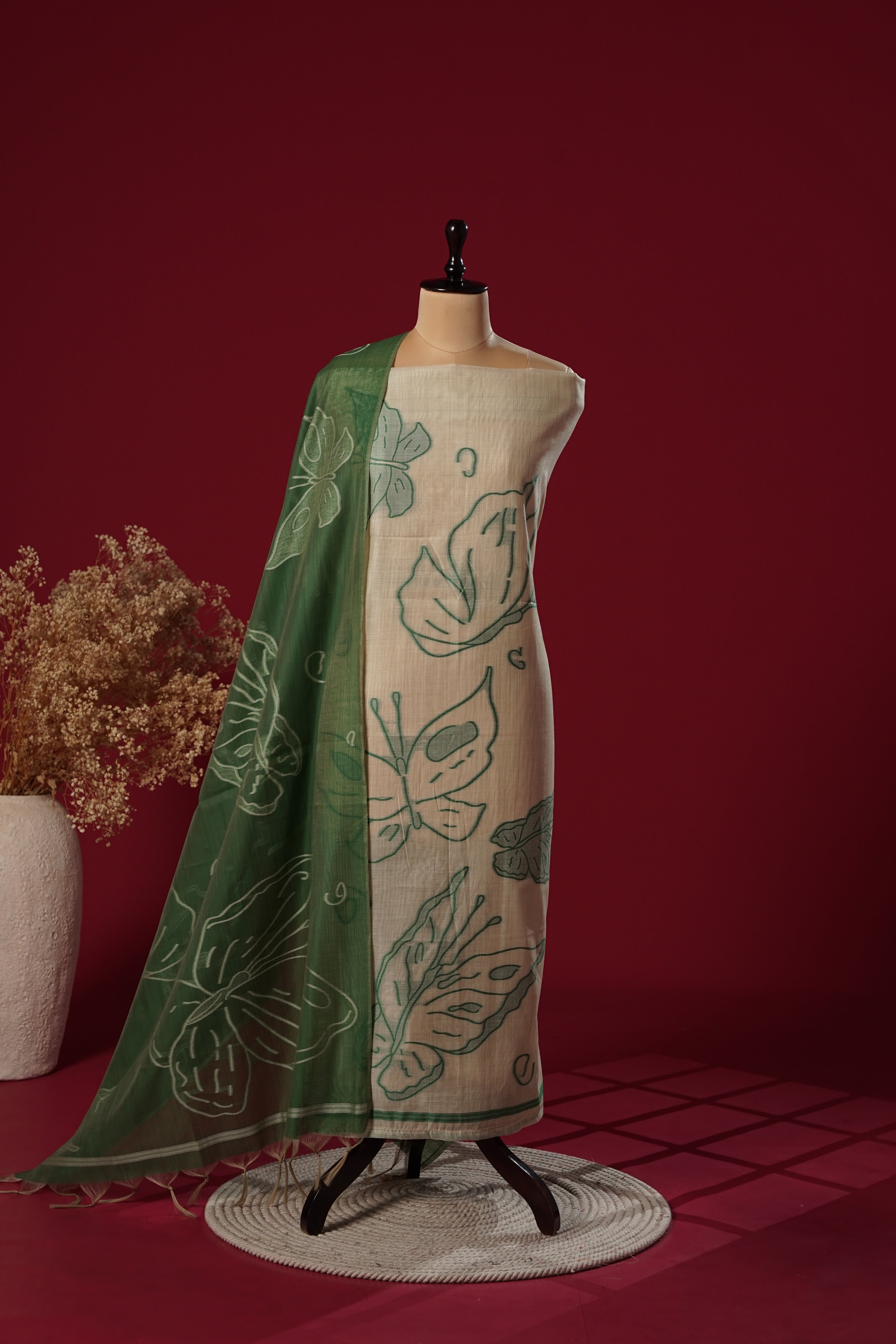 Vine Green Muga Cotton Suit Piece