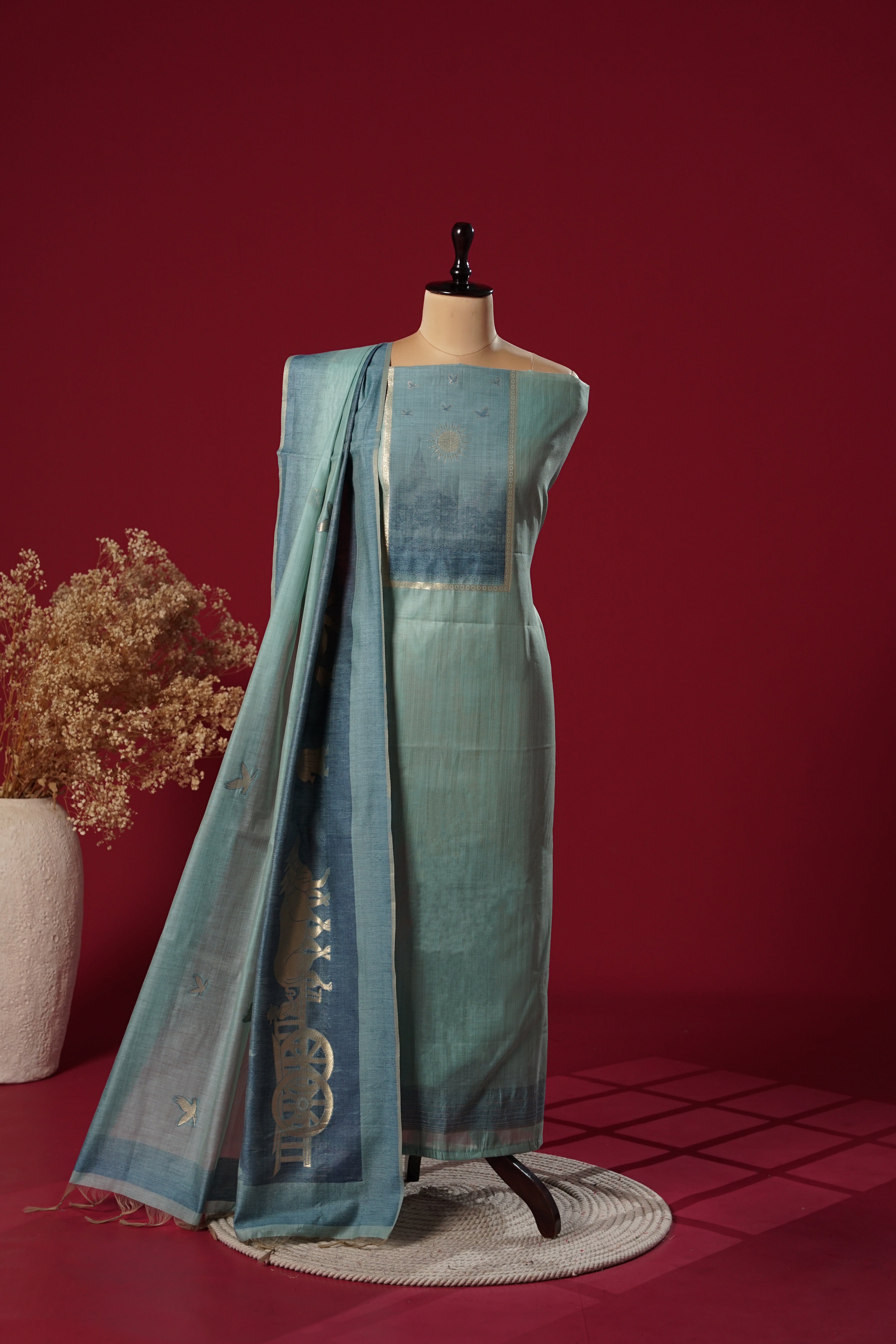 Brook Blue Muga Cotton Suit Piece