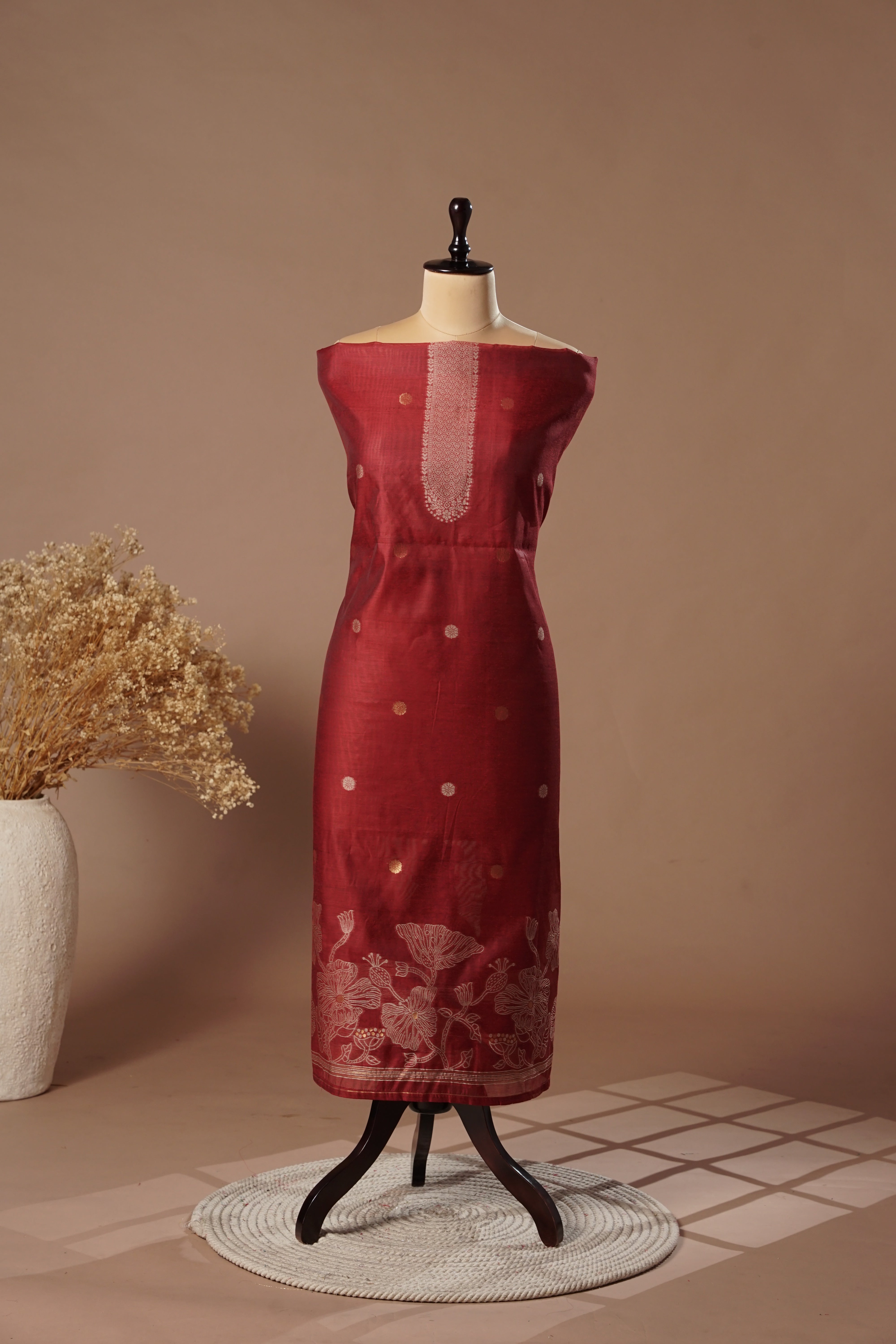 Crown Maroon Mul Chanderi Suit Piece