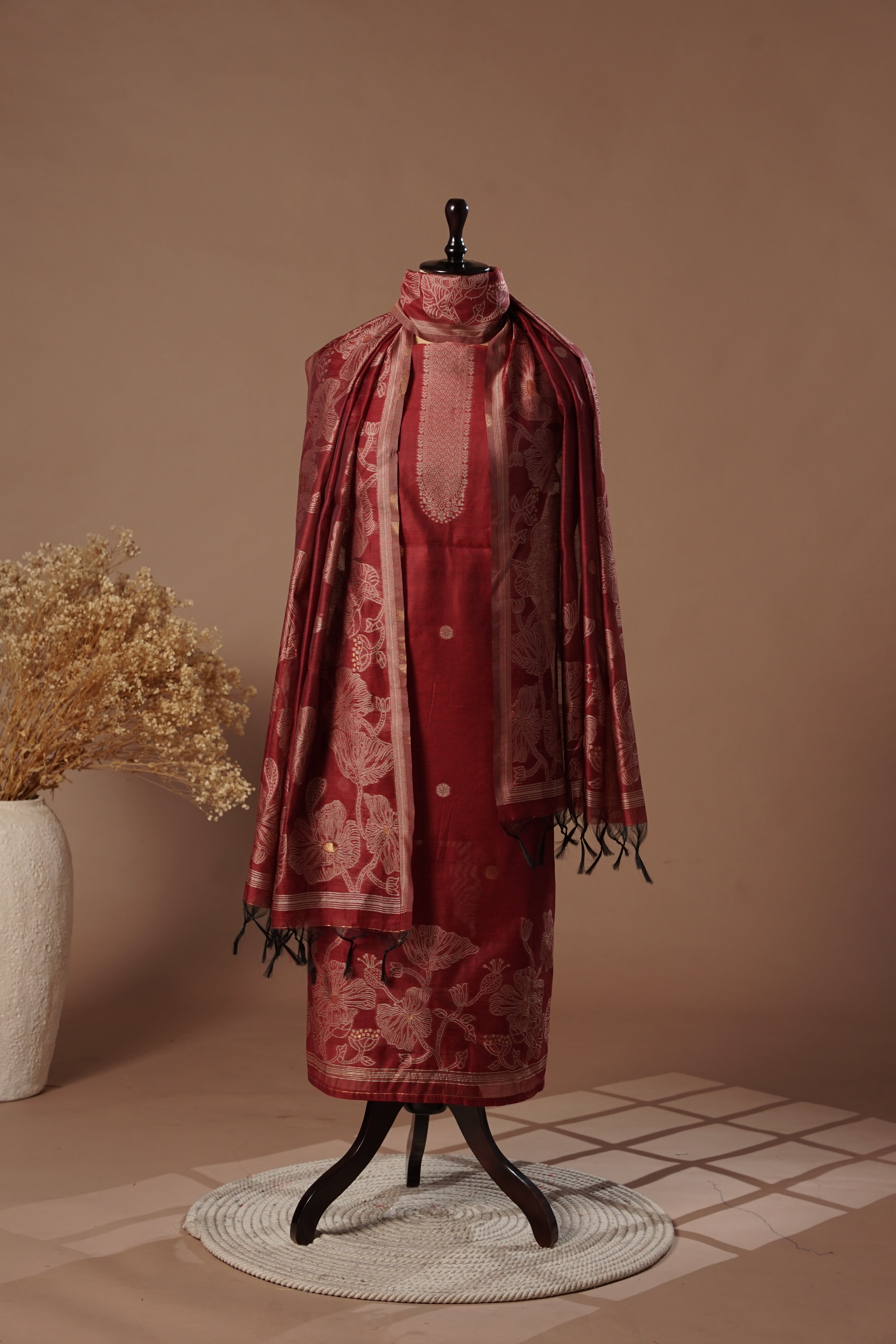 Crown Maroon Mul Chanderi Suit Piece