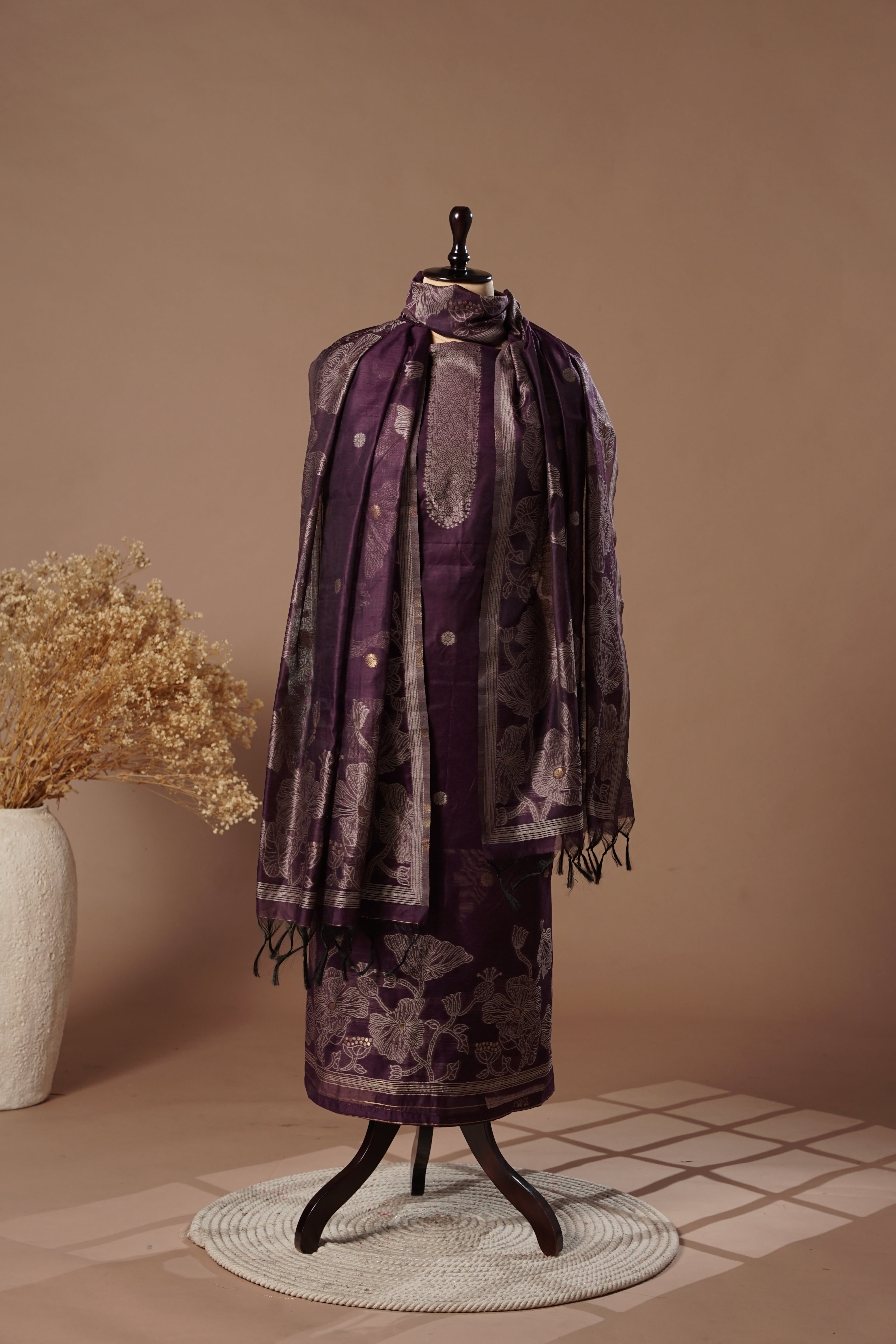 Majestic Wine Mul Chanderi Suit Piece