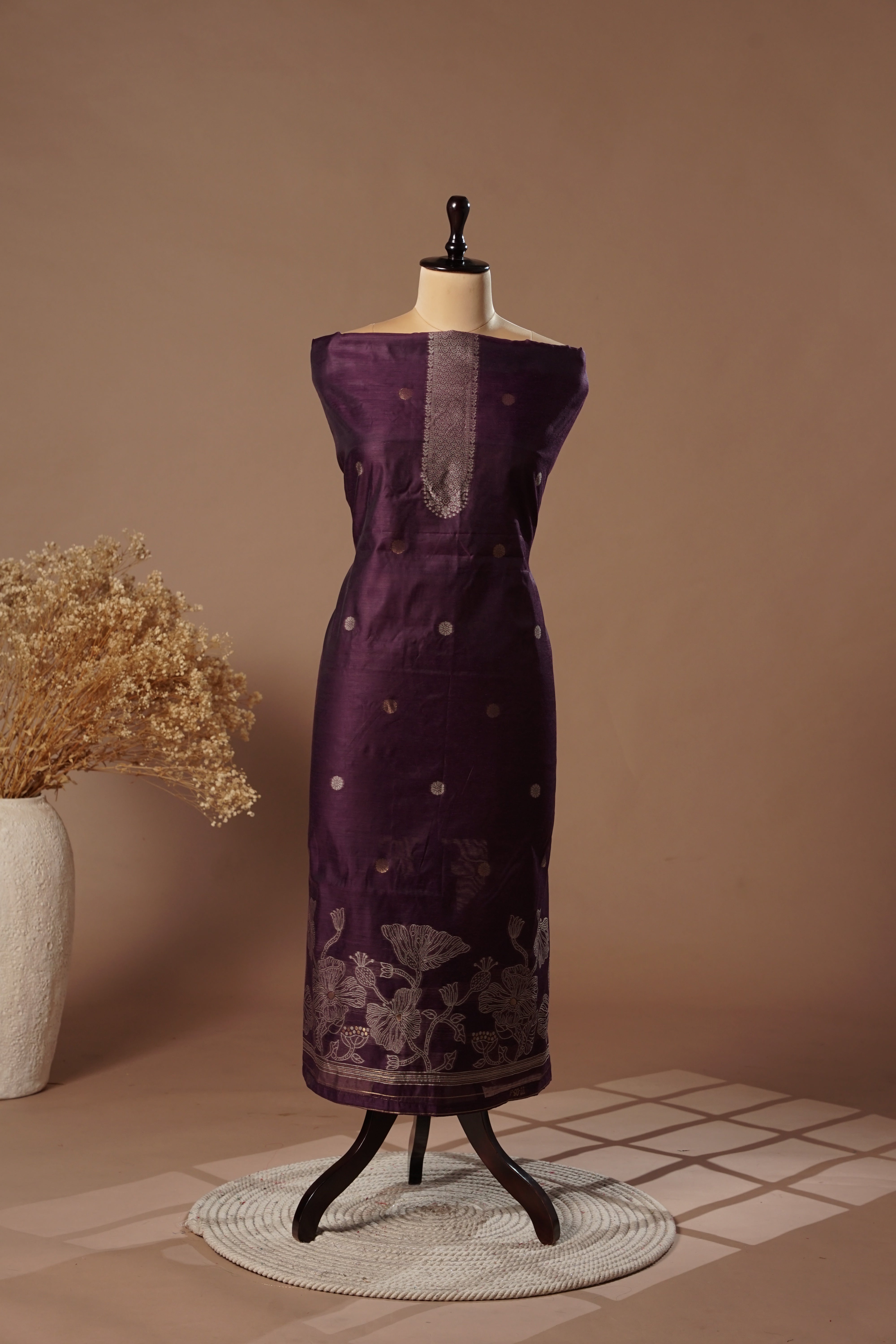 Majestic Wine Mul Chanderi Suit Piece