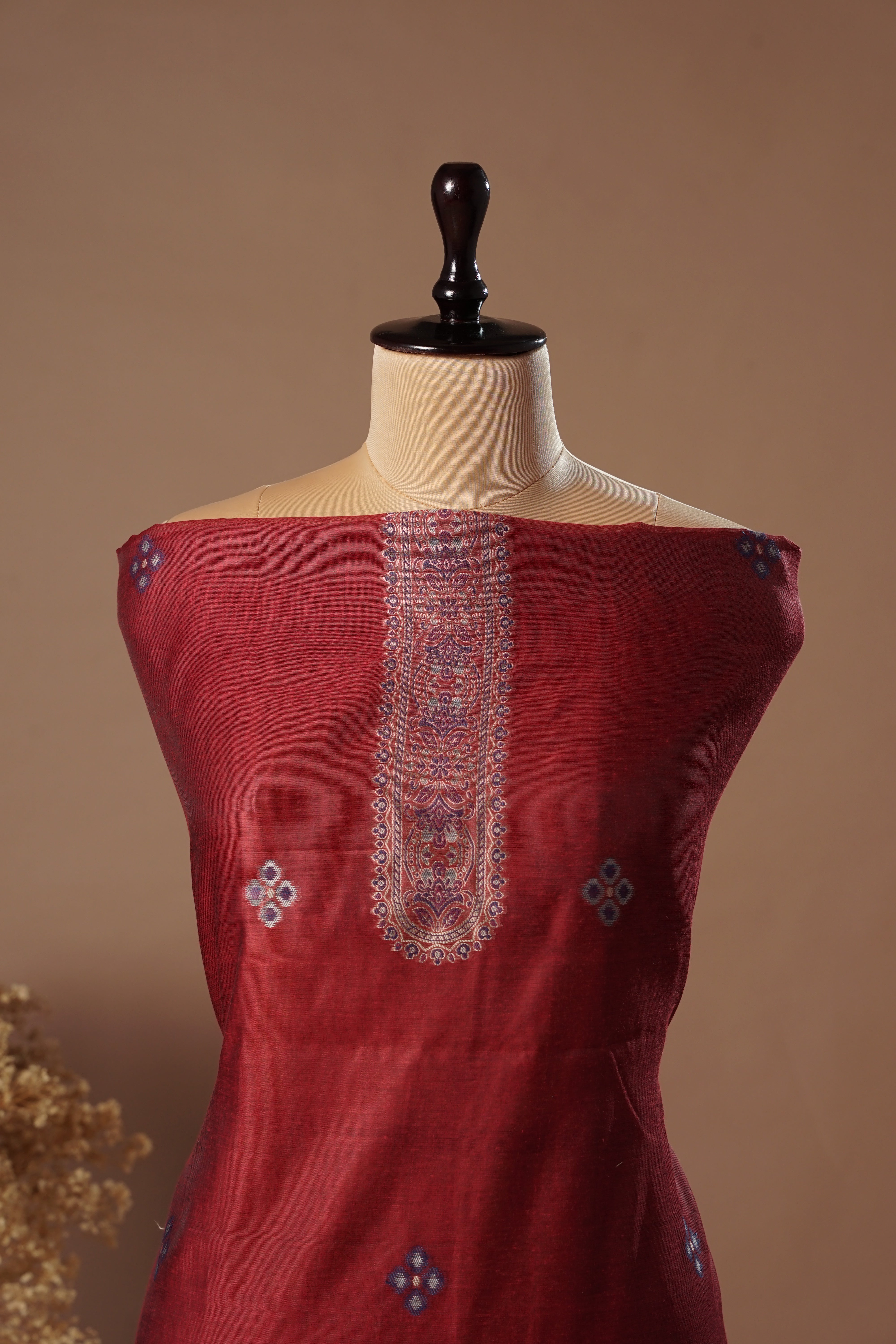 Ruby Maroon Mul Chanderi Suit Piece