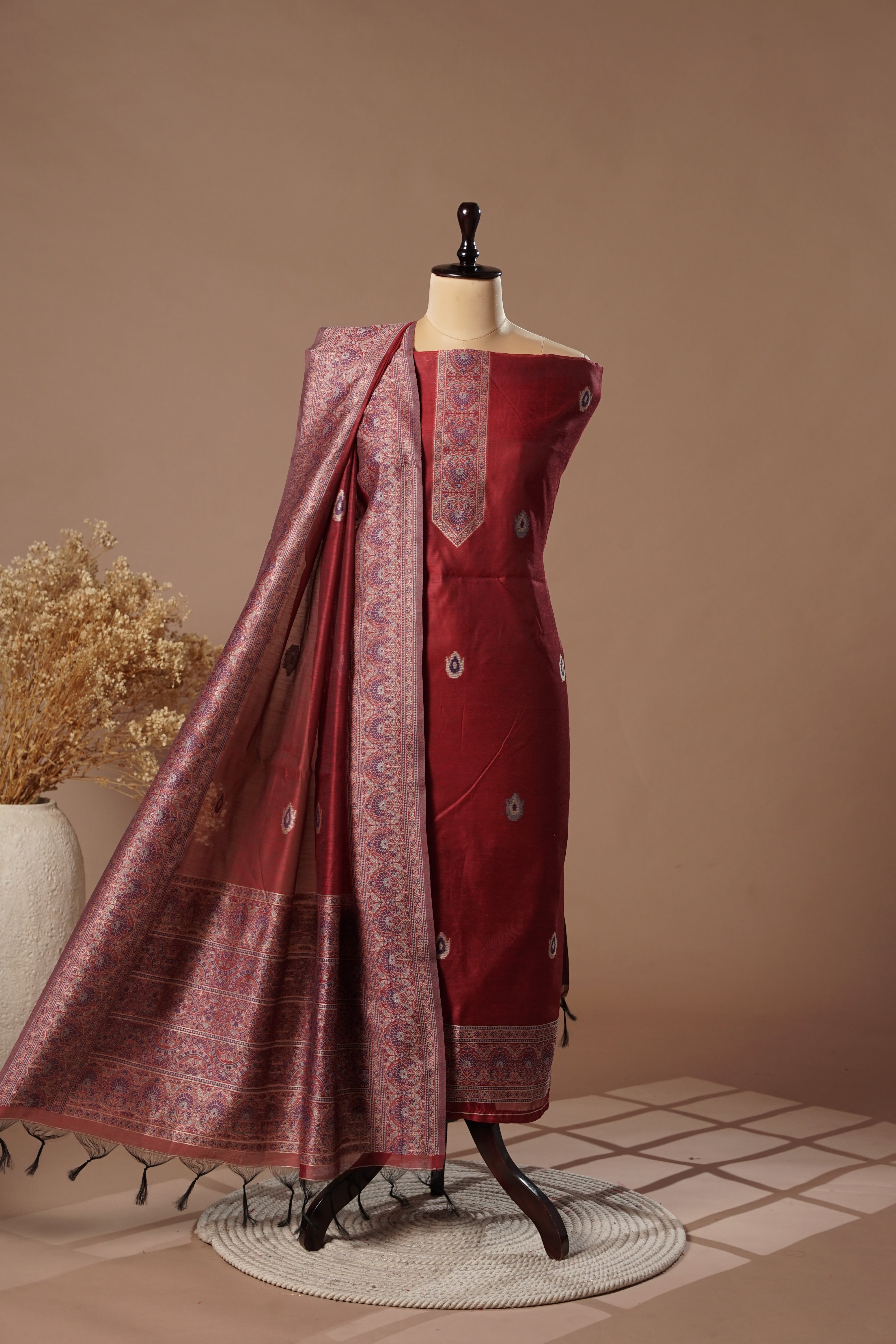 Passion Maroon Mul Chanderi Suit Piece