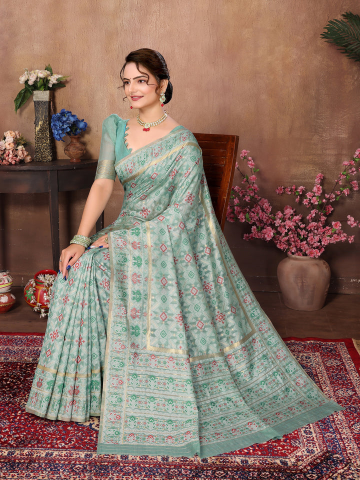 SEA GREEN WOVEN COTTON PATOLA SAREE - TRADITIONAL PARTYWEAR SAREE