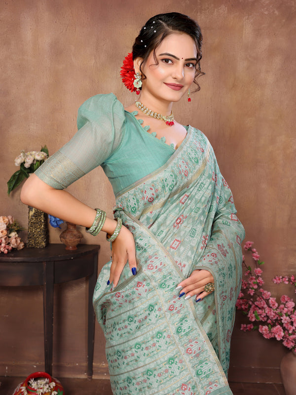 SEA GREEN WOVEN COTTON PATOLA SAREE - TRADITIONAL PARTYWEAR SAREE