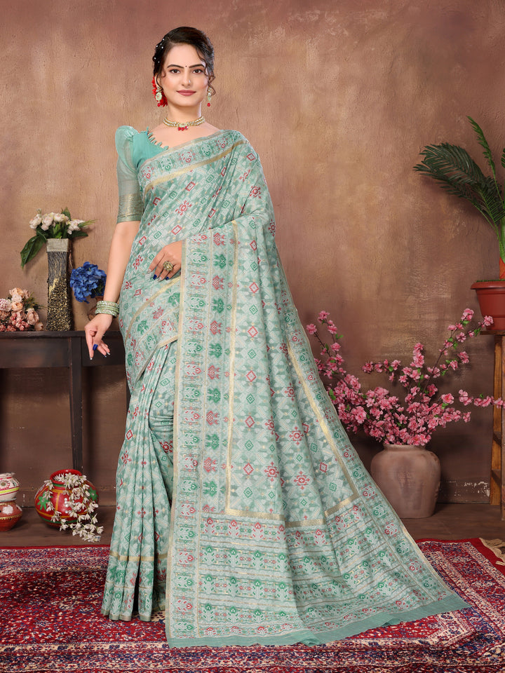 SEA GREEN WOVEN COTTON PATOLA SAREE - TRADITIONAL PARTYWEAR SAREE