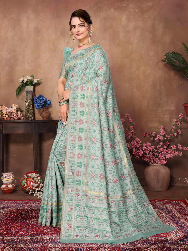 SEA GREEN WOVEN COTTON PATOLA SAREE - TRADITIONAL PARTYWEAR SAREE