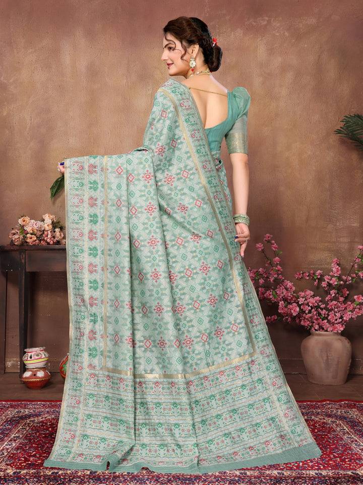 SEA GREEN WOVEN COTTON PATOLA SAREE - TRADITIONAL PARTYWEAR SAREE