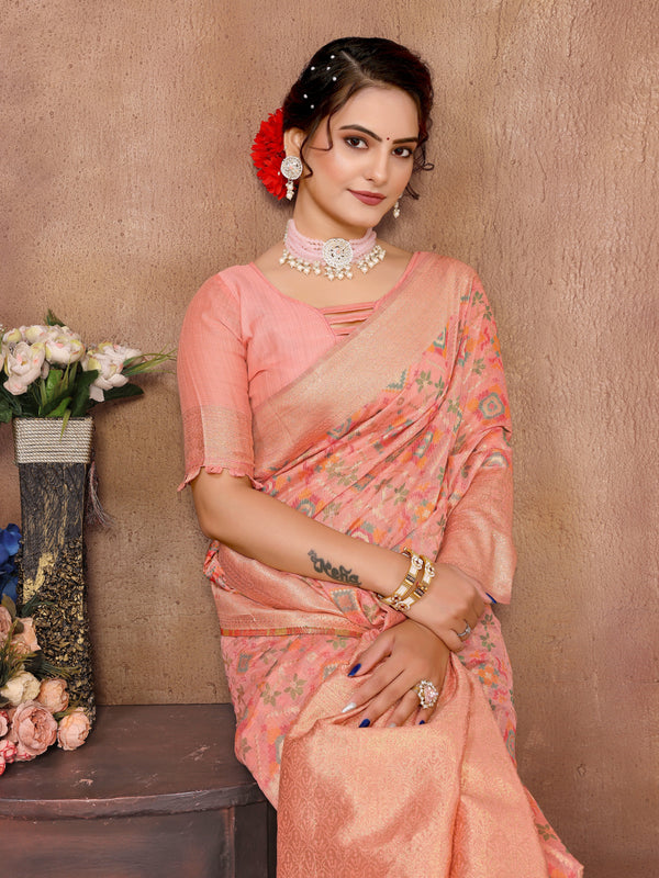 Peach Cotton Patola Saree with Zari Pallu - Perfect Wedding Elegance