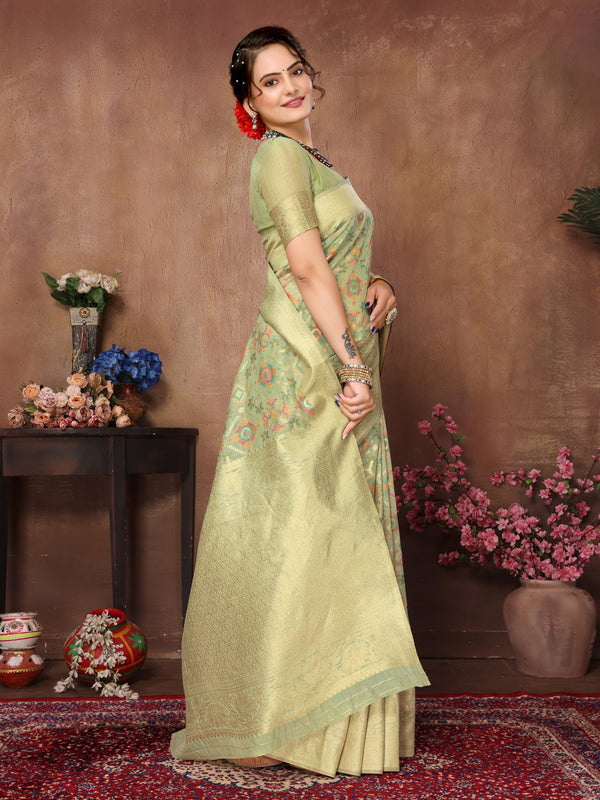 Sea Green Cotton Patola Saree with Zari Pallu - Perfect Wedding Elegance