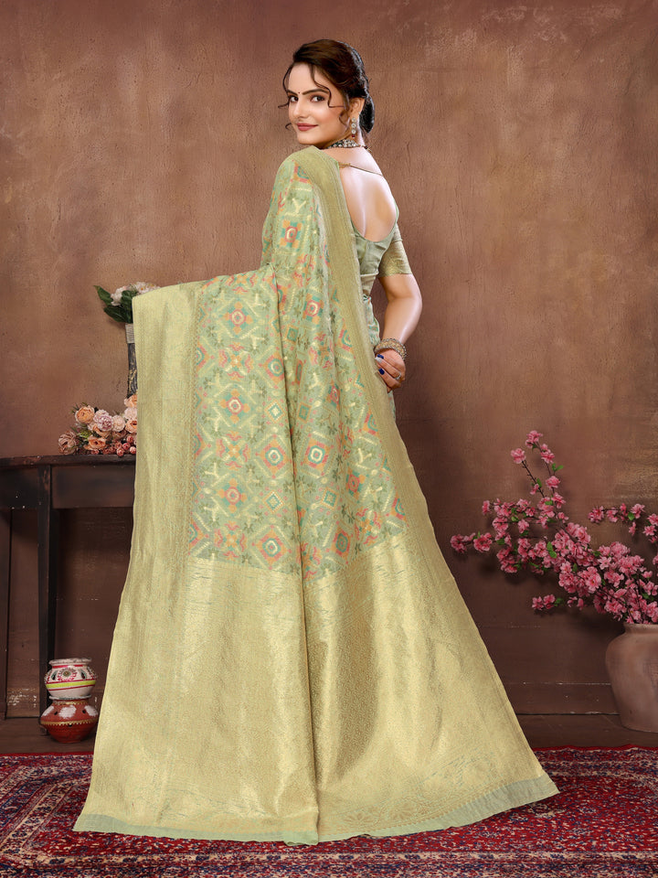 Sea Green Cotton Patola Saree with Zari Pallu - Perfect Wedding Elegance