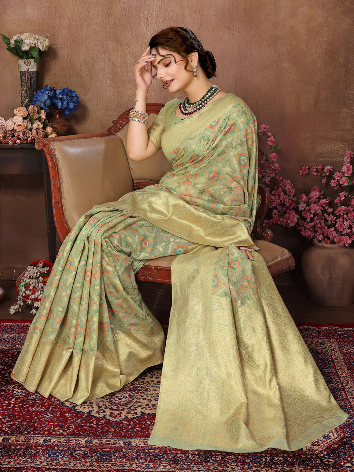 Sea Green Cotton Patola Saree with Zari Pallu - Perfect Wedding Elegance