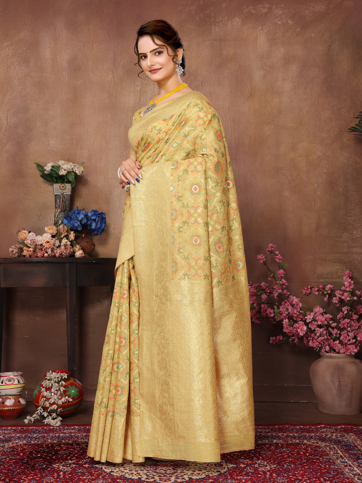 Mustard Yellow Cotton Patola Saree with Zari Pallu - Perfect Wedding Elegance