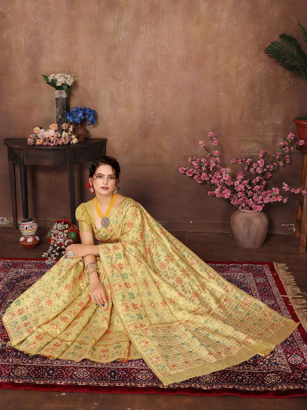 MUSTARD YELLOW WOVEN COTTON PATOLA SAREE - TRADITIONAL PARTYWEAR SAREE