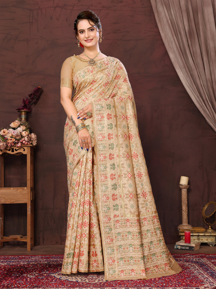 BEIGE WOVEN COTTON PATOLA SAREE - TRADITIONAL PARTYWEAR SAREE