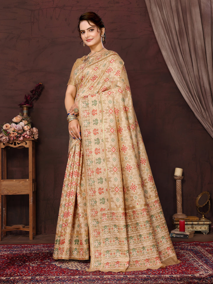 BEIGE WOVEN COTTON PATOLA SAREE - TRADITIONAL PARTYWEAR SAREE