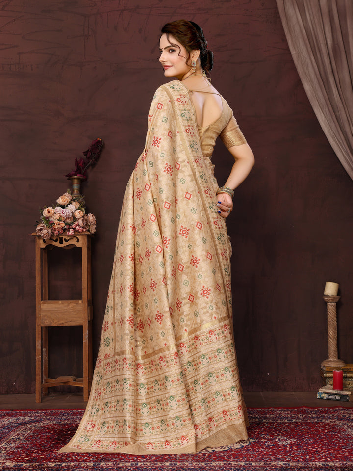 BEIGE WOVEN COTTON PATOLA SAREE - TRADITIONAL PARTYWEAR SAREE