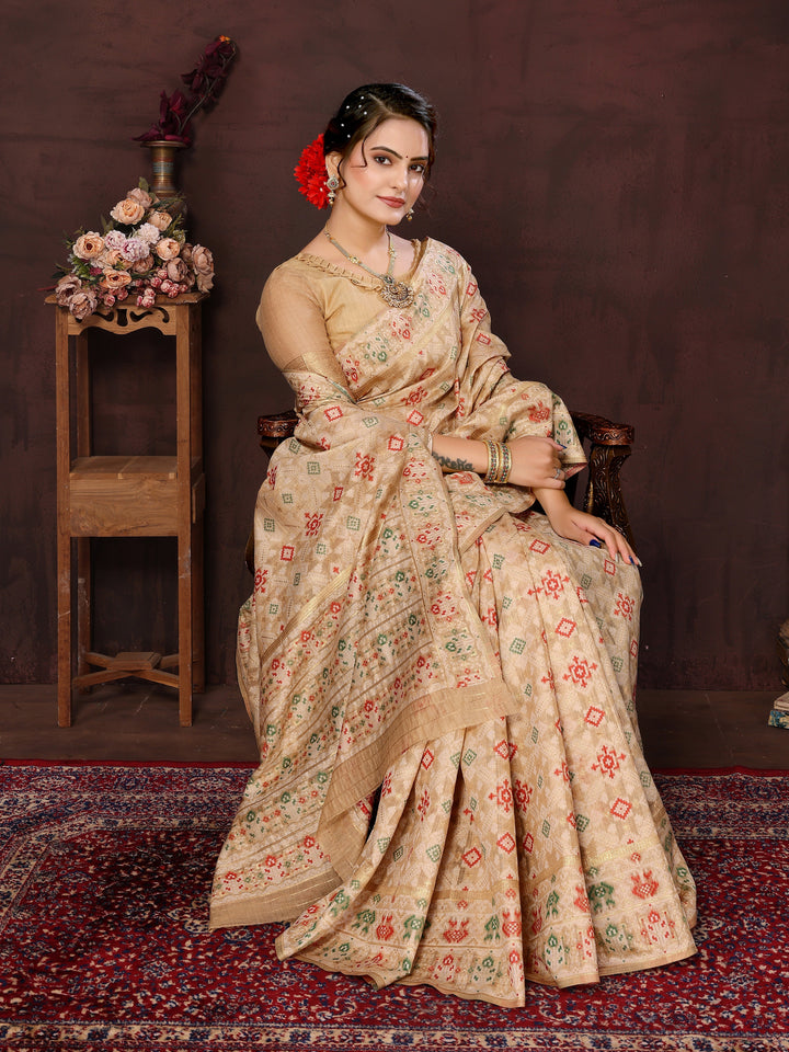 BEIGE WOVEN COTTON PATOLA SAREE - TRADITIONAL PARTYWEAR SAREE