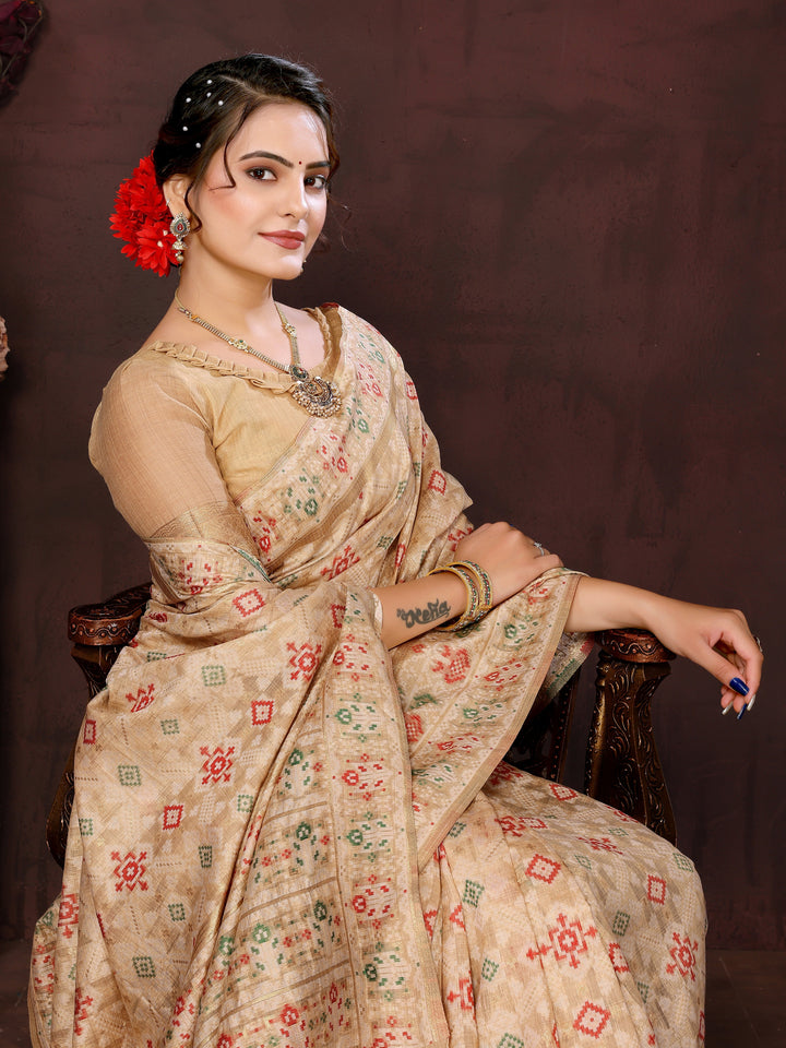 BEIGE WOVEN COTTON PATOLA SAREE - TRADITIONAL PARTYWEAR SAREE