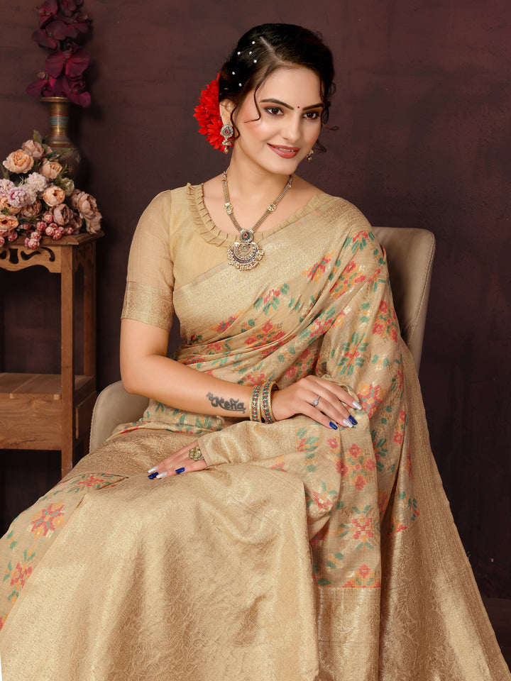 Chikoo Cotton Patola Saree with Zari Pallu - Perfect Wedding Elegance