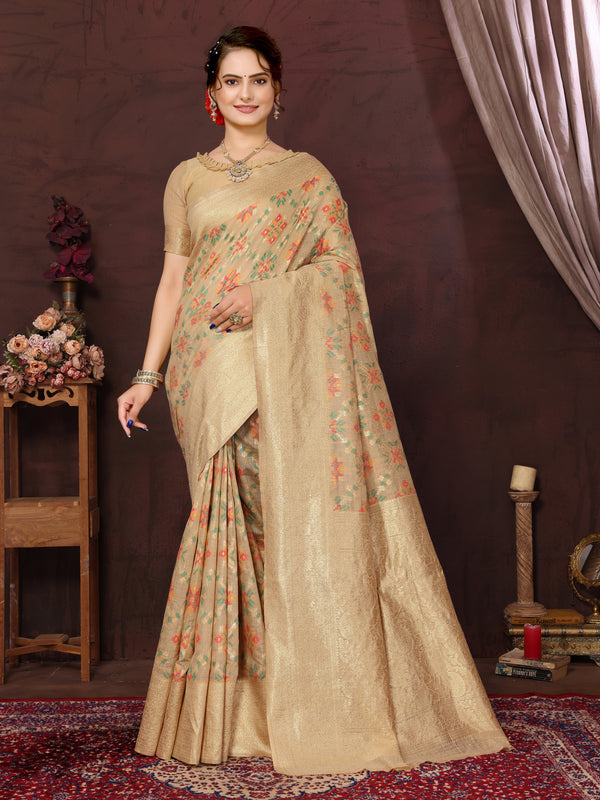 Chikoo Cotton Patola Saree with Zari Pallu - Perfect Wedding Elegance