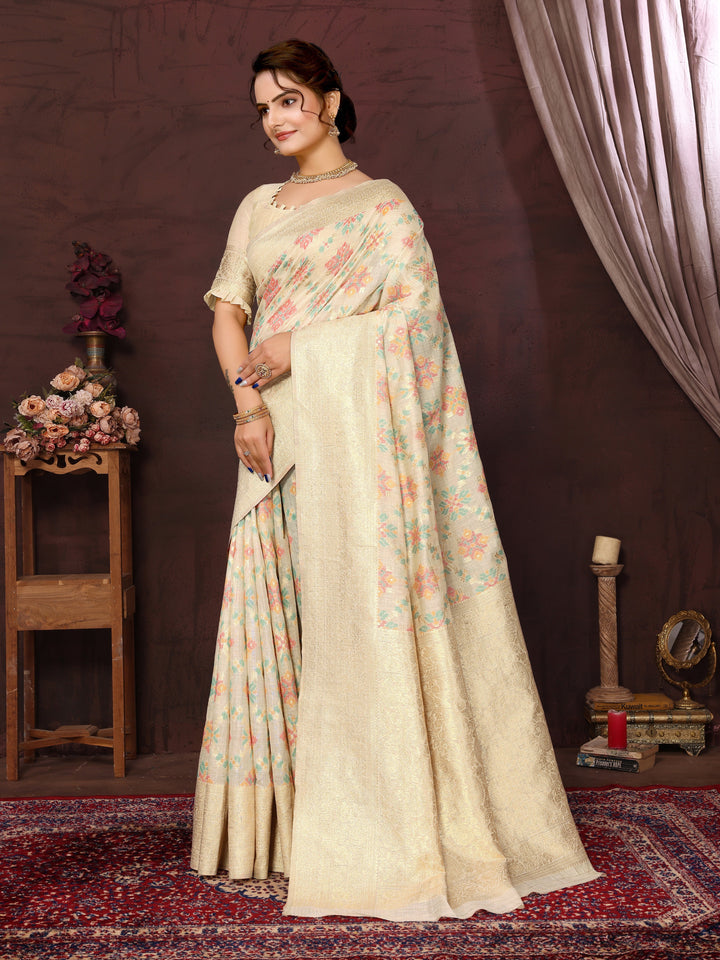 Cream Cotton Patola Saree with Zari Pallu - Perfect Wedding Elegance