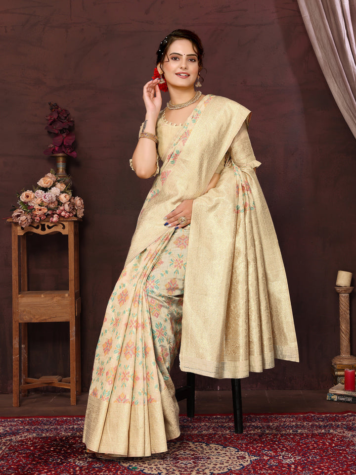 Cream Cotton Patola Saree with Zari Pallu - Perfect Wedding Elegance