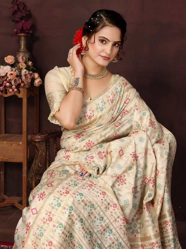 CREAM COTTON PATOLA SAREE - TRADITIONAL PARTYWEAR SAREE