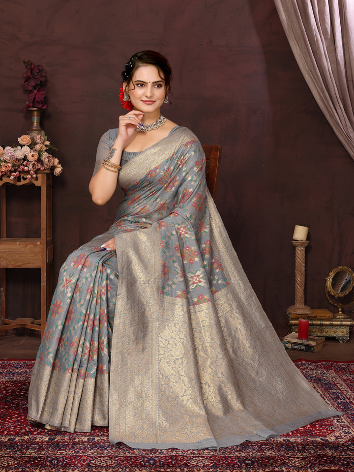 Grey Cotton Patola Saree with Zari Pallu - Perfect Wedding Elegance