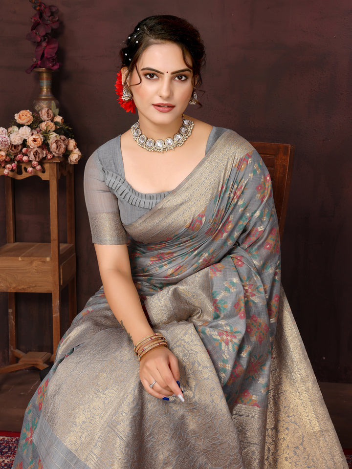 Grey Cotton Patola Saree with Zari Pallu - Perfect Wedding Elegance