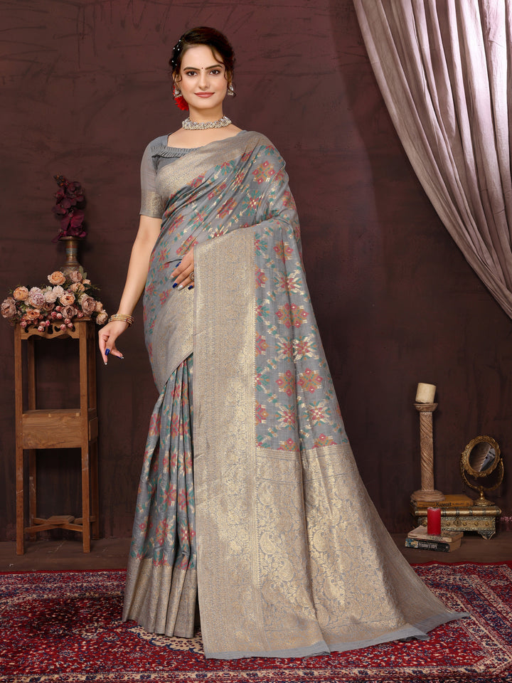 Grey Cotton Patola Saree with Zari Pallu - Perfect Wedding Elegance