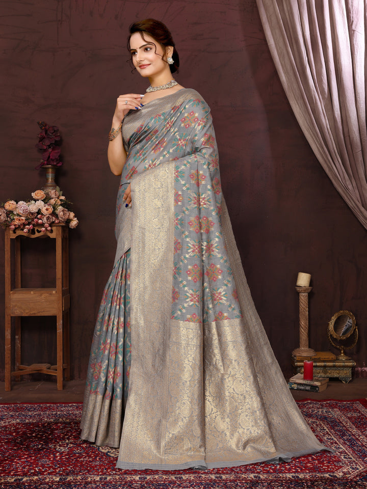 Grey Cotton Patola Saree with Zari Pallu - Perfect Wedding Elegance