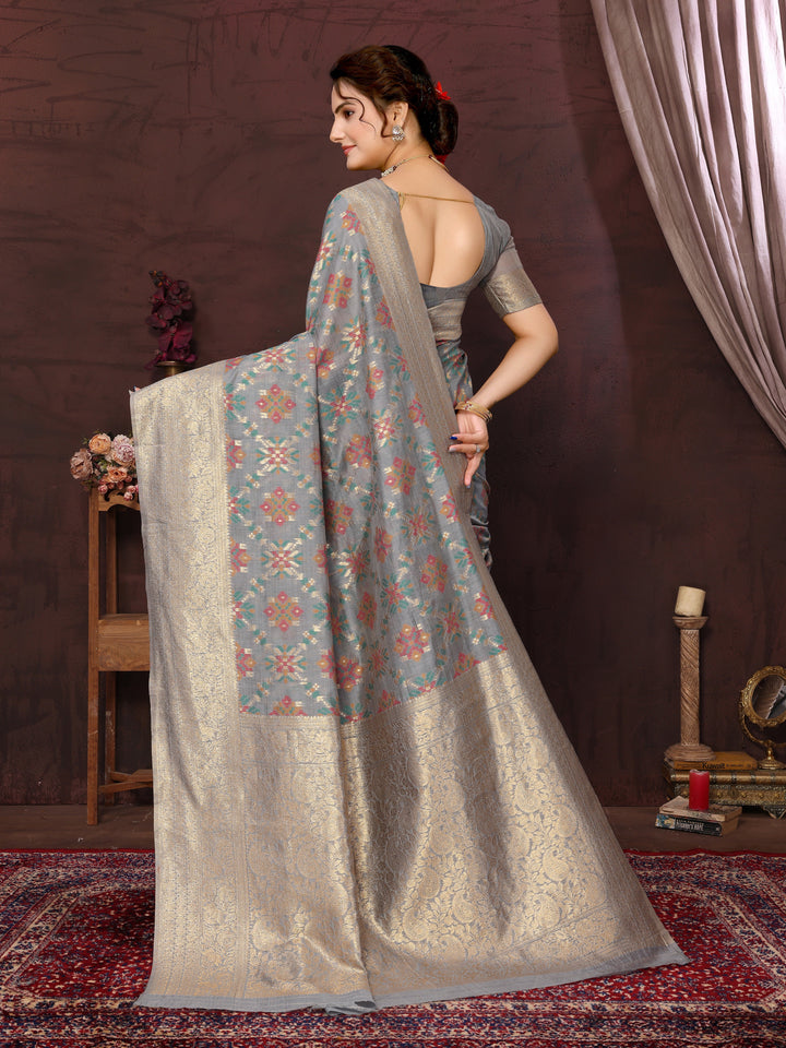 Grey Cotton Patola Saree with Zari Pallu - Perfect Wedding Elegance