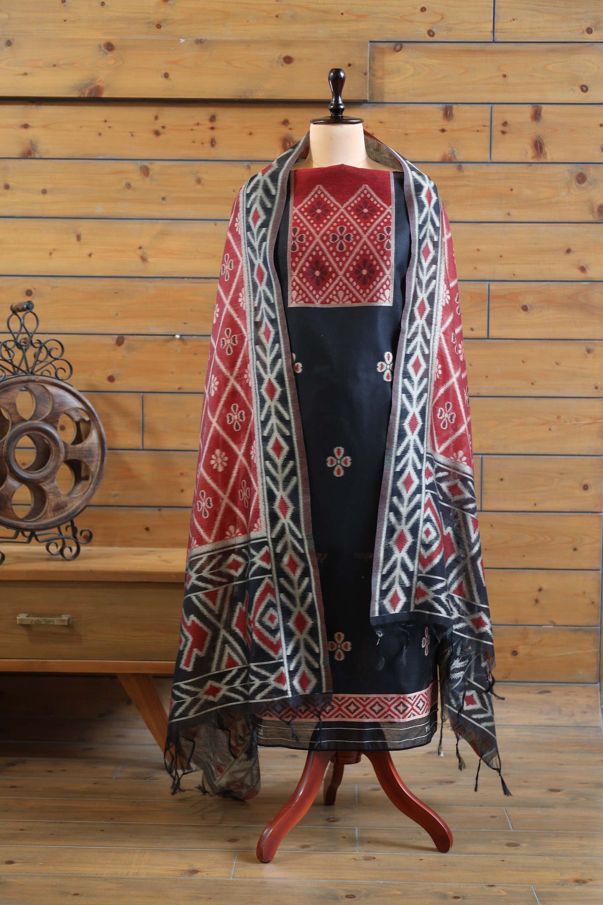 Madhuban – The Painted Heritage | Ajrakh Mul Chanderi Suit Piece – Black