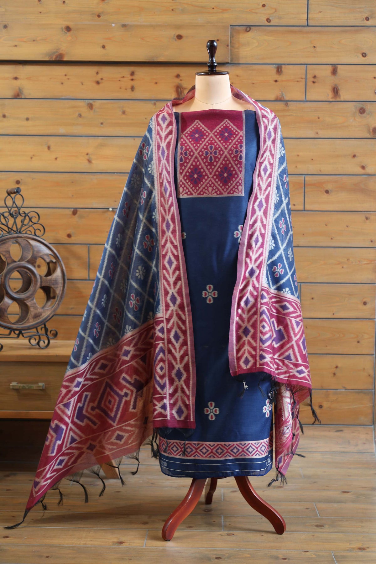 Madhuban – The Painted Heritage | Ajrakh Mul Chanderi Suit Piece – Indigo Blue