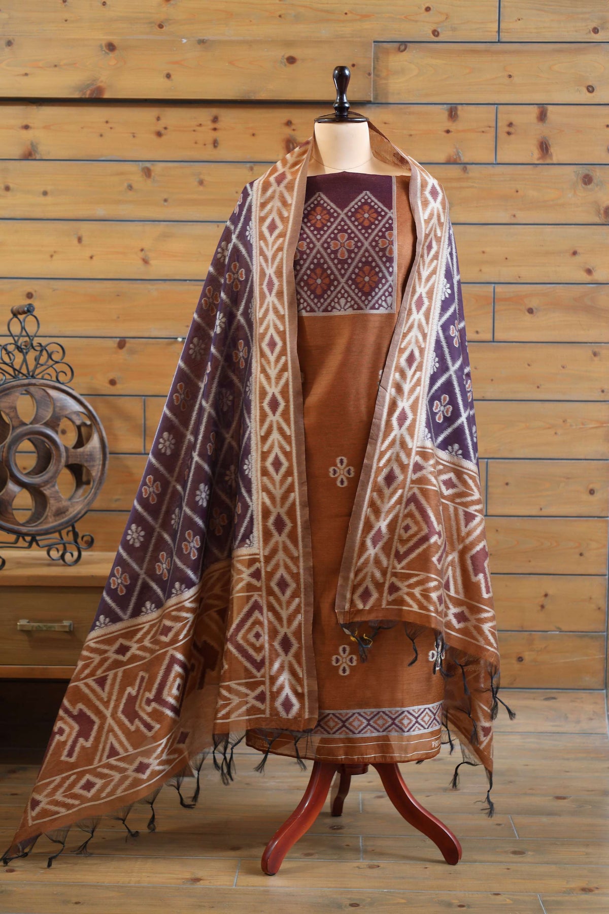 Madhuban – The Painted Heritage | Ajrakh Mul Chanderi Suit Piece – Rust Brown