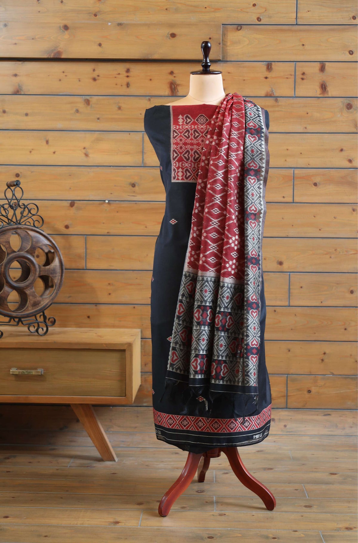 Gul – The Floral Heritage | Ajrakh Mul Chanderi Suit Piece – Black