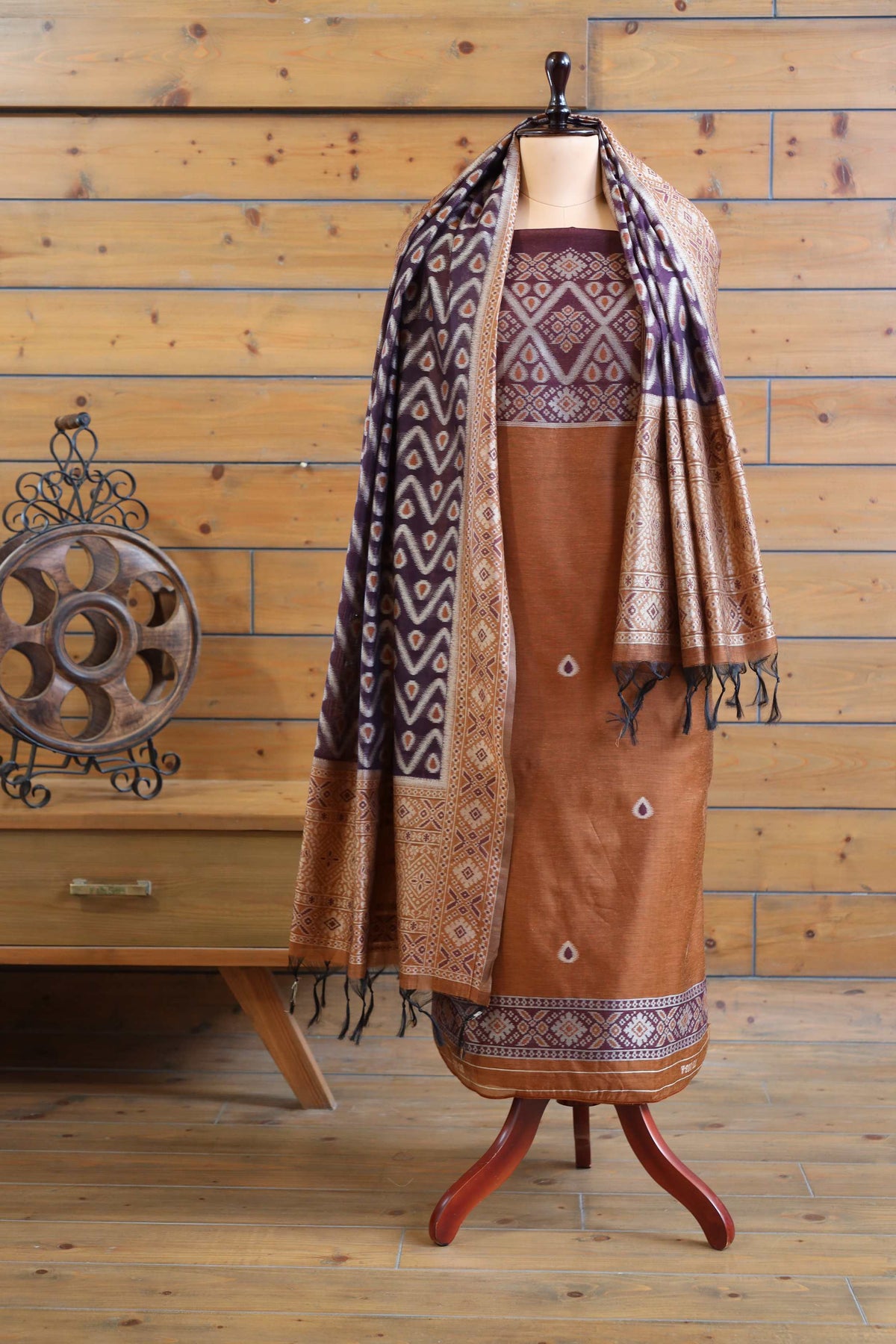 Aabha – The Artful Bloom | Ajrakh Mul Chanderi Suit Piece – Rust Brown