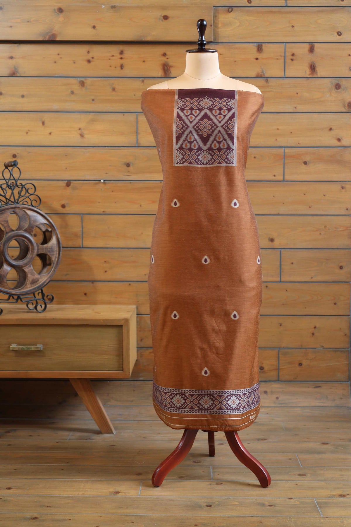 Aabha – The Artful Bloom | Ajrakh Mul Chanderi Suit Piece – Rust Brown
