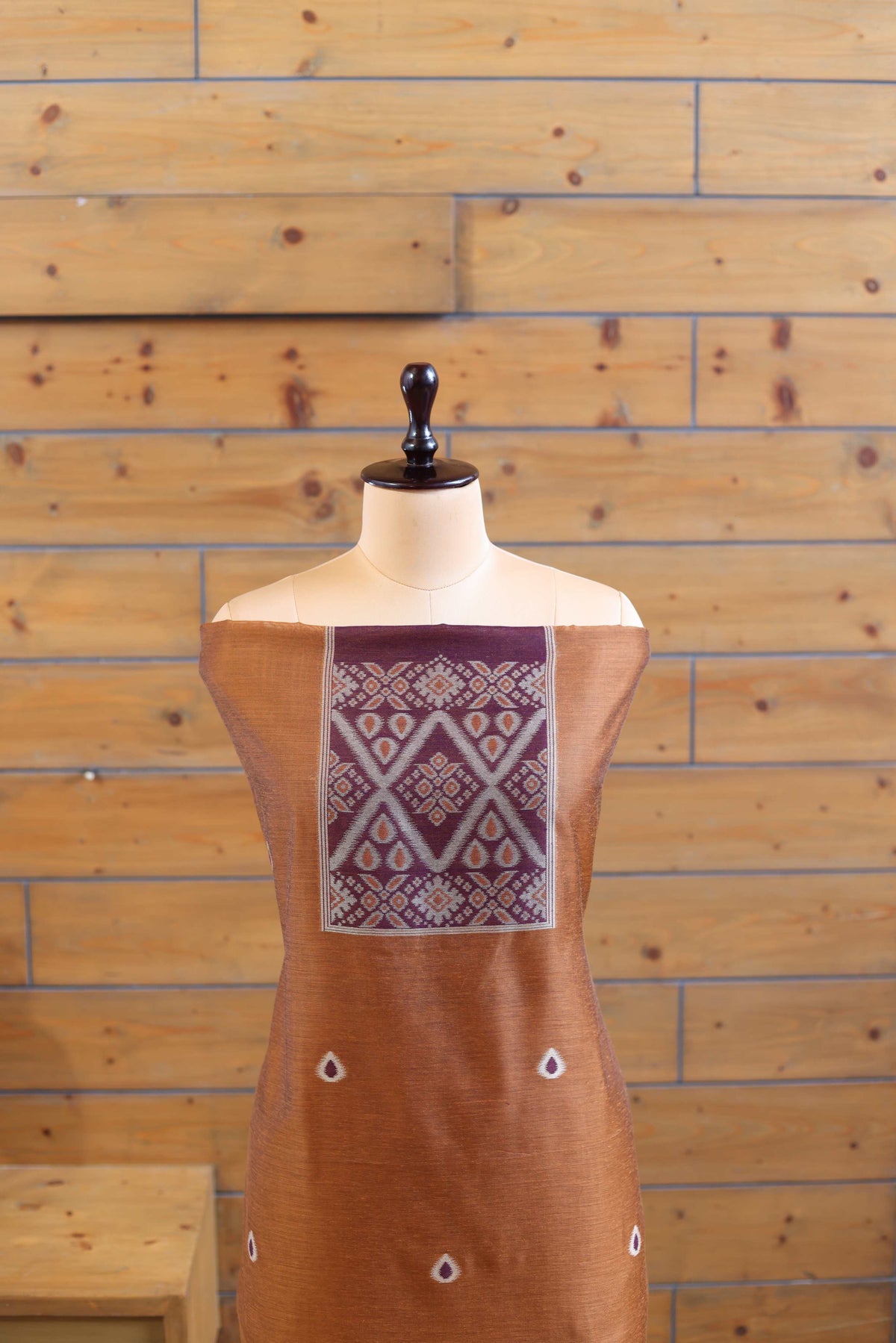 Aabha – The Artful Bloom | Ajrakh Mul Chanderi Suit Piece – Rust Brown