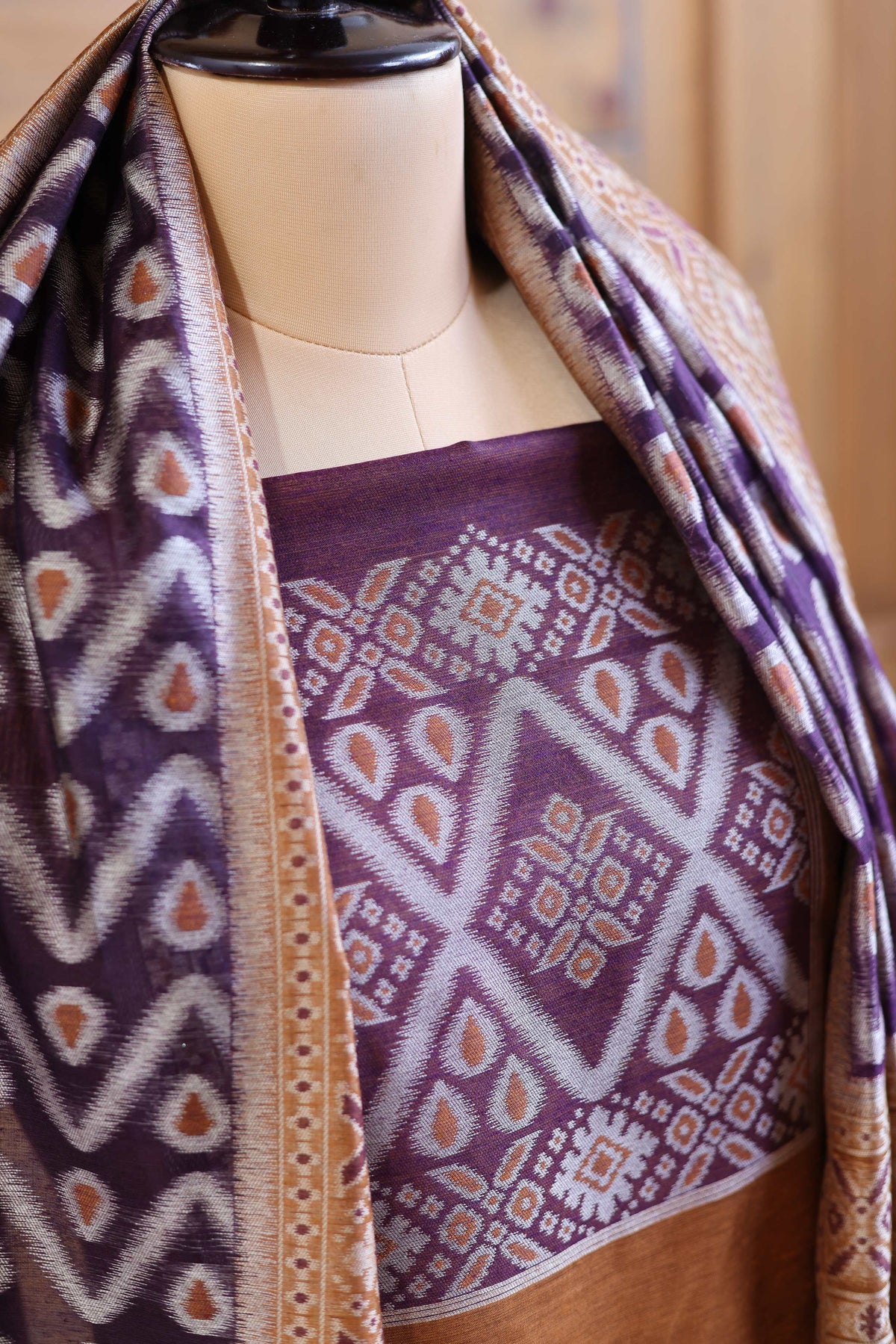 Aabha – The Artful Bloom | Ajrakh Mul Chanderi Suit Piece – Rust Brown